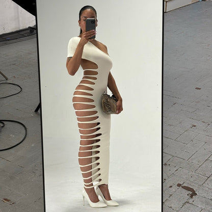 Fantasy One Shoulder White Bodycon Slit Maxi Dress