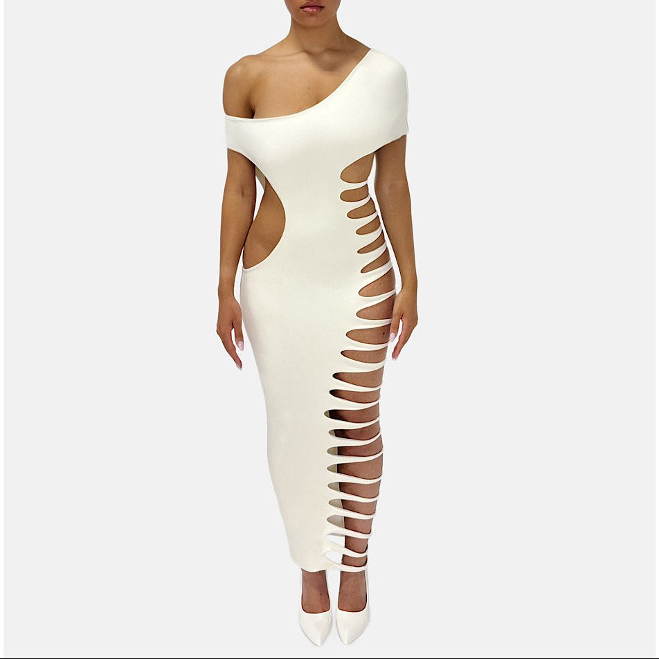 Fantasy One Shoulder White Bodycon Slit Maxi Dress