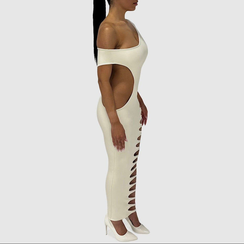 Fantasy One Shoulder White Bodycon Slit Maxi Dress