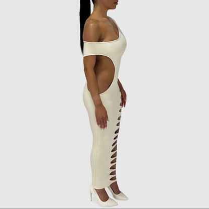 Fantasy One Shoulder White Bodycon Slit Maxi Dress