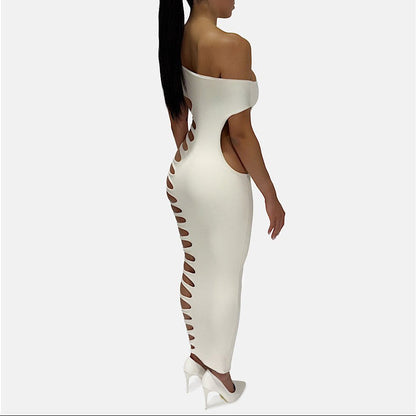 Fantasy One Shoulder White Bodycon Slit Maxi Dress