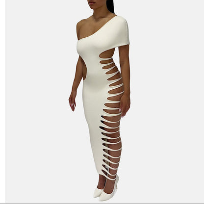 Fantasy One Shoulder White Bodycon Slit Maxi Dress