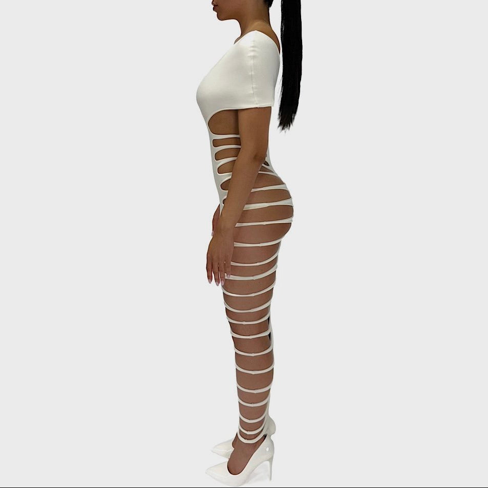 Fantasy One Shoulder White Bodycon Slit Maxi Dress
