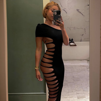 Fantasy One Shoulder Black Bodycon Slit Maxi Dress