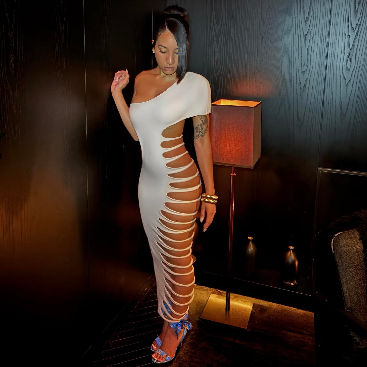 Fantasy One Shoulder White Bodycon Slit Maxi Dress