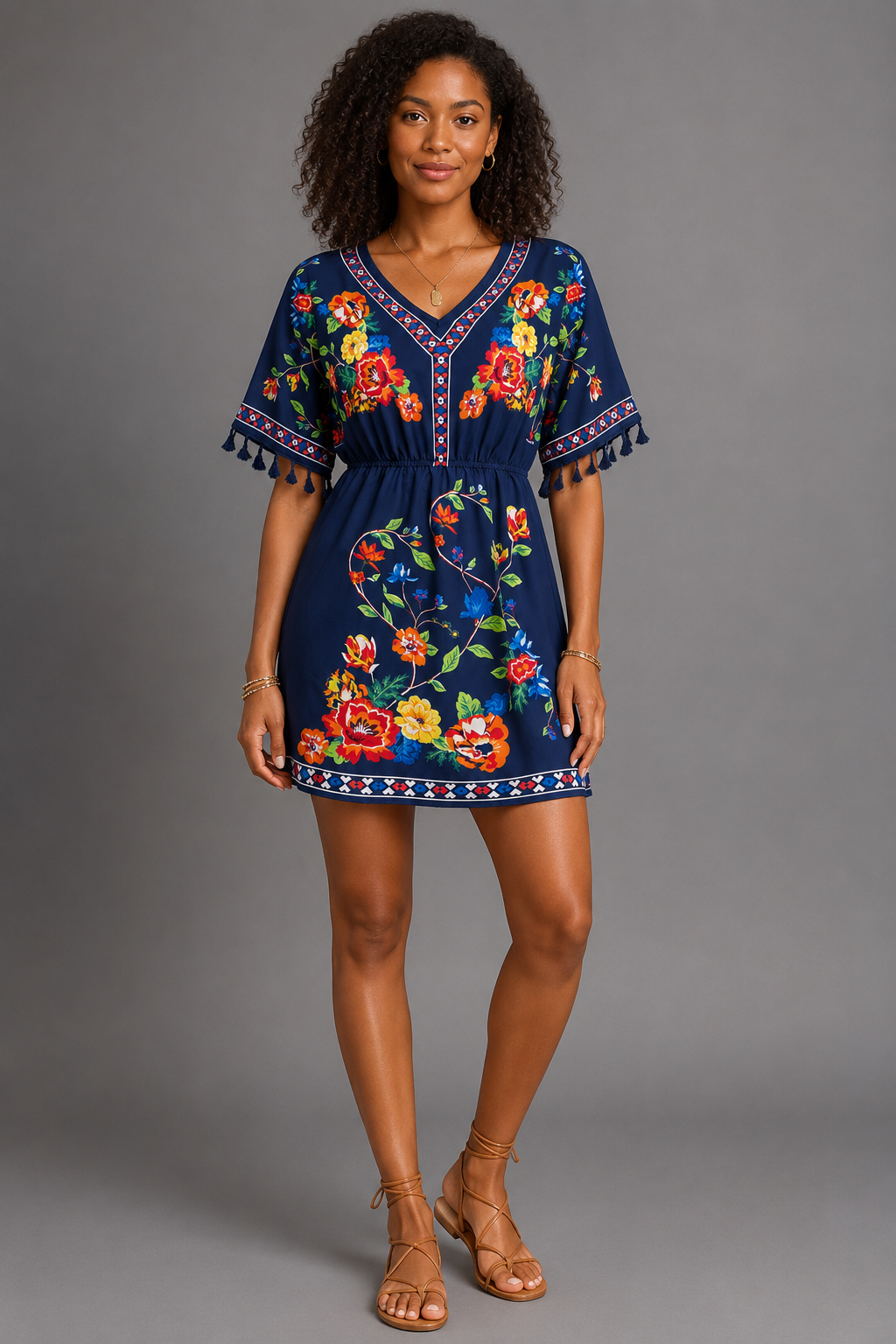 Floral Print Boho Mini Dress – Casual V-Neck Tassel Sleeve Elastic Waist Sundress