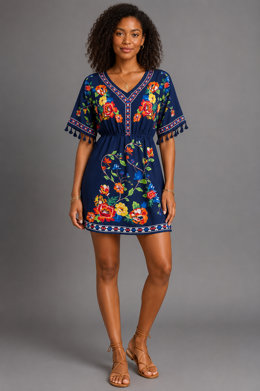 Floral Print Boho Mini Dress – Casual V-Neck Tassel Sleeve Elastic Waist Sundress