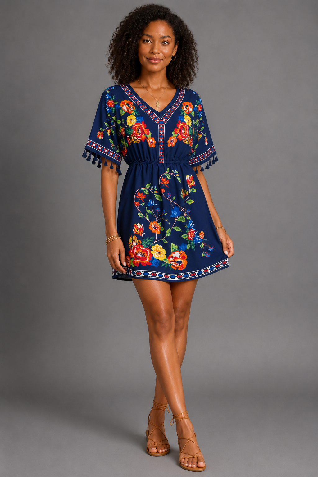 Floral Print Boho Mini Dress – Casual V-Neck Tassel Sleeve Elastic Waist Sundress
