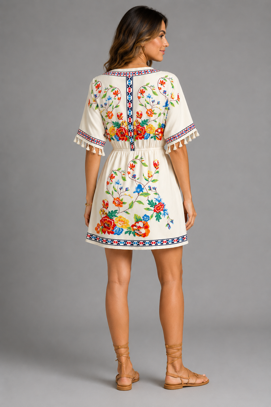 Floral Print Boho Mini Dress – Casual V-Neck Tassel Sleeve Elastic Waist Sundress