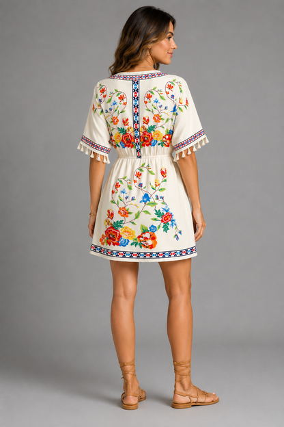 Floral Print Boho Mini Dress – Casual V-Neck Tassel Sleeve Elastic Waist Sundress