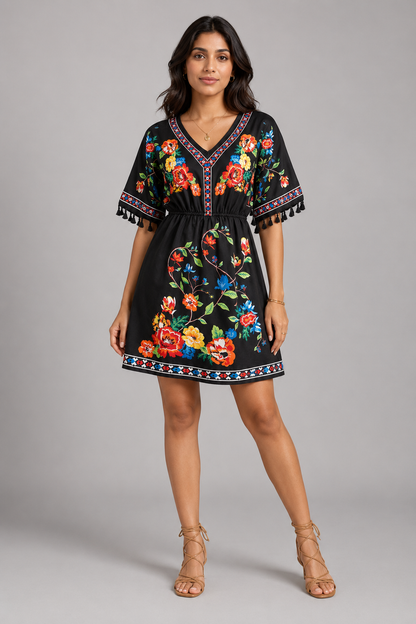 Floral Print Boho Mini Dress – Casual V-Neck Tassel Sleeve Elastic Waist Sundress