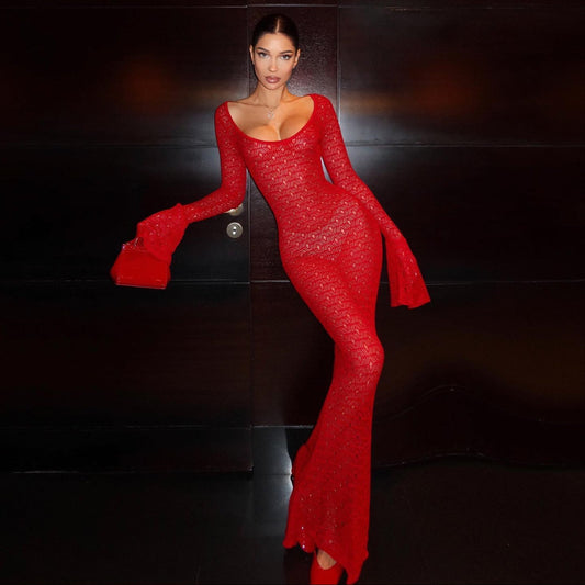 Florence Red Crochet Bodycon Maxi Dress