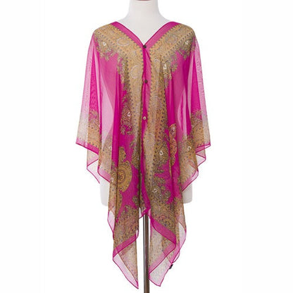 Button Detail Paisley Print V-Neck Poncho Cover Up Beachwear