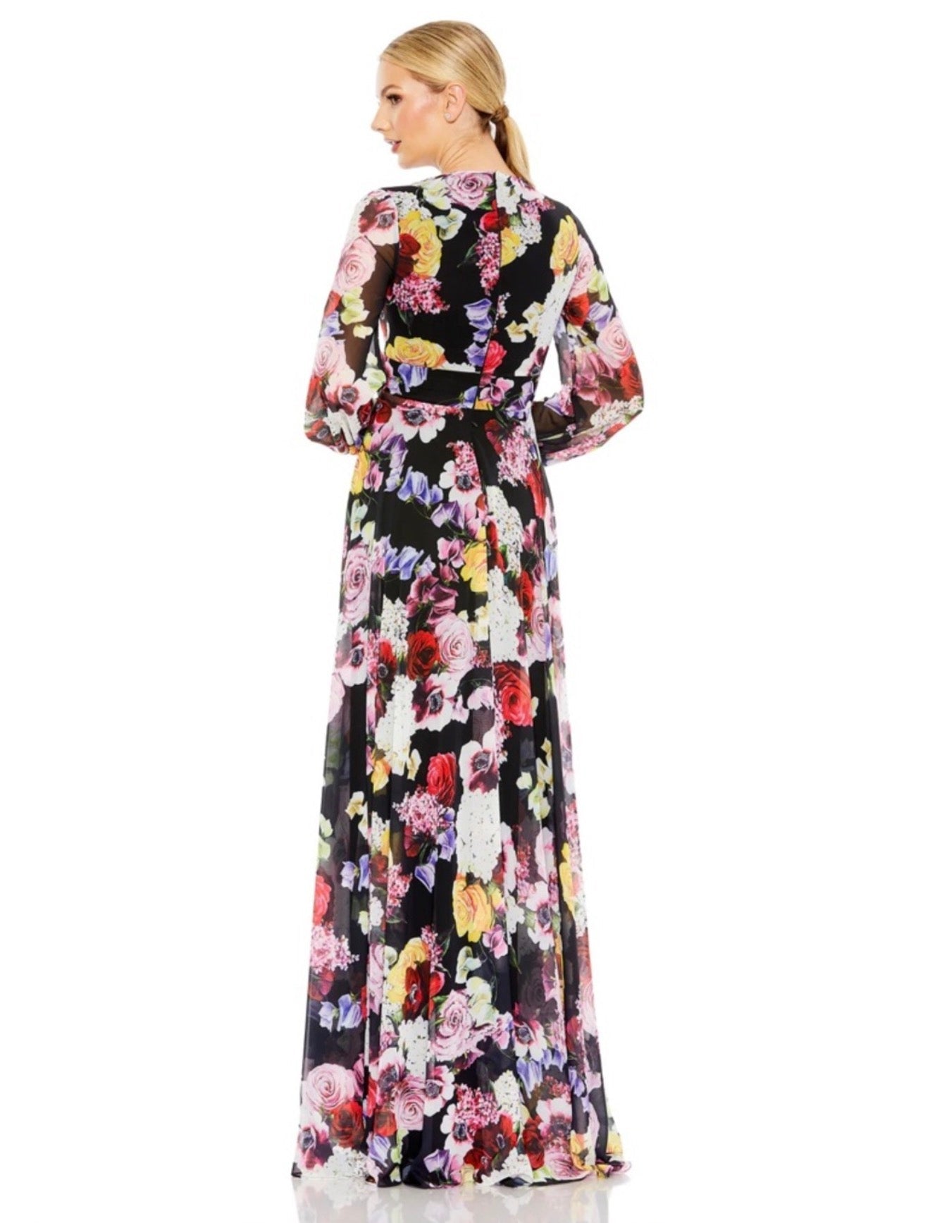 Mac Duggal 55660 Floral Flowy
Chiffon Side Slit Dress Black Multi Floral Size 4 $498