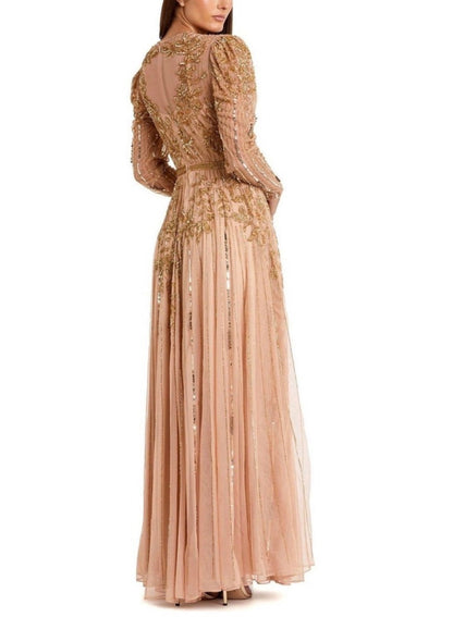 Mac Duggal 93638 Beaded Illusion
Puff Sleeve Gown Nude Gold Sz 8