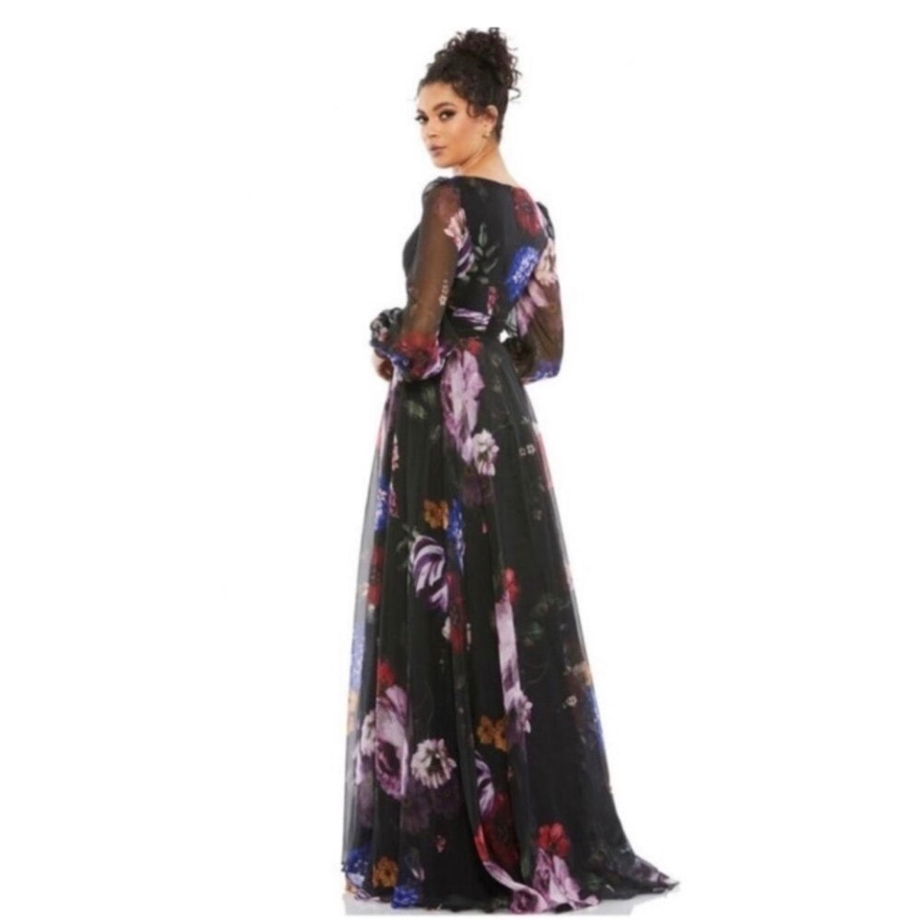 Mac Duggal 67872
Black Chiffon Bishop Sleeve
Floral Print Gown Dress $598