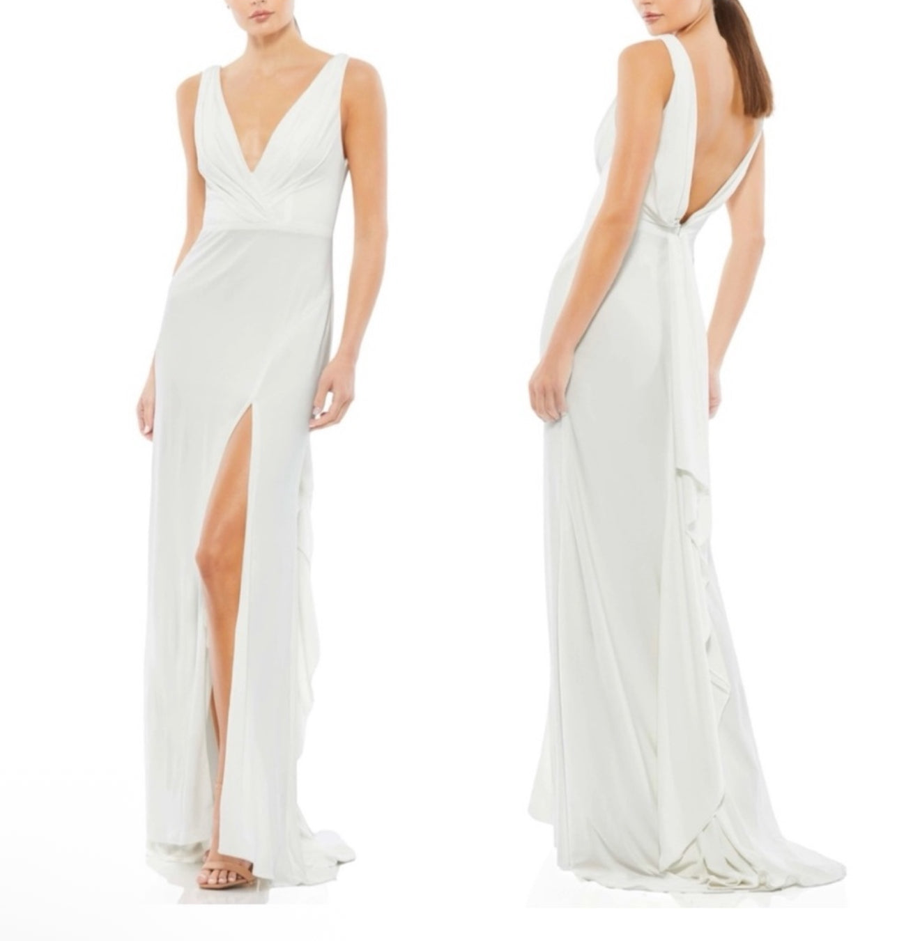 Mac Duggal 12336 Faux Wrap V-Neck Slit Jersey Gown White Sz 4 $298
