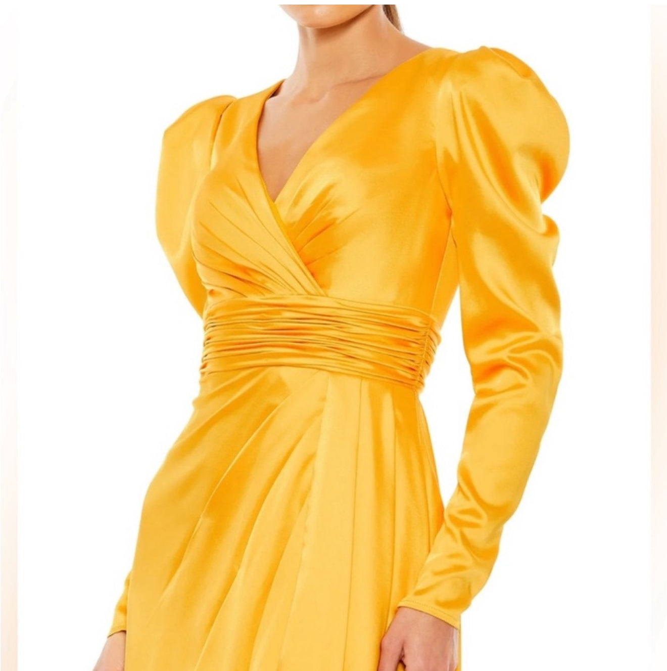Mac Duggal 12404 V Neckline Long Puff Sleeves Maxi Column Gown Mango Sz 8 $398