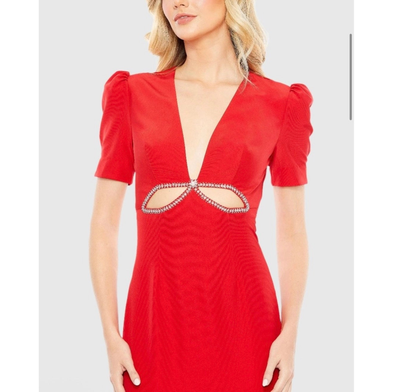 leena Mac Duggal Plunge Neck Puff Sleeve Cut Out Gown Red  2630 $458