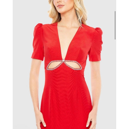 leena Mac Duggal Plunge Neck Puff Sleeve Cut Out Gown Red  2630 $458