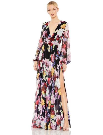 Mac Duggal 55660 Floral Flowy
Chiffon Side Slit Dress Black Multi Floral Size 4 $498