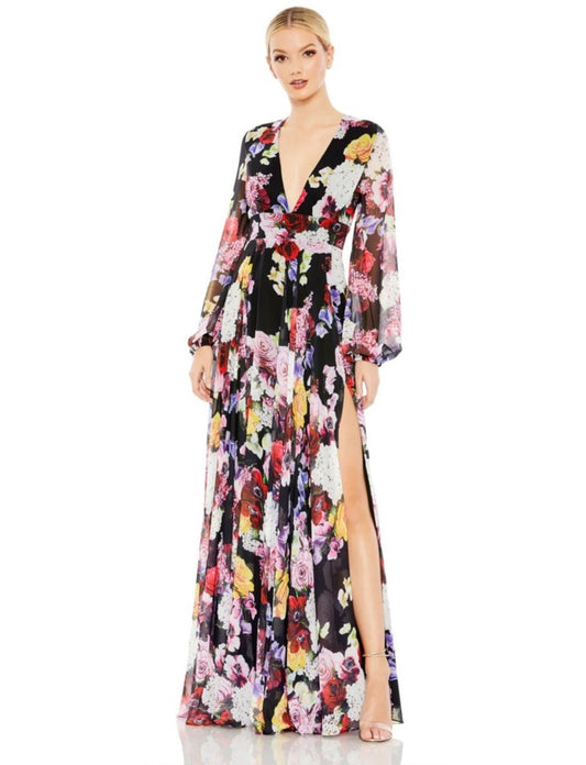 Mac Duggal 55660 Floral Flowy
Chiffon Side Slit Dress Black Multi Floral Size 4 $498