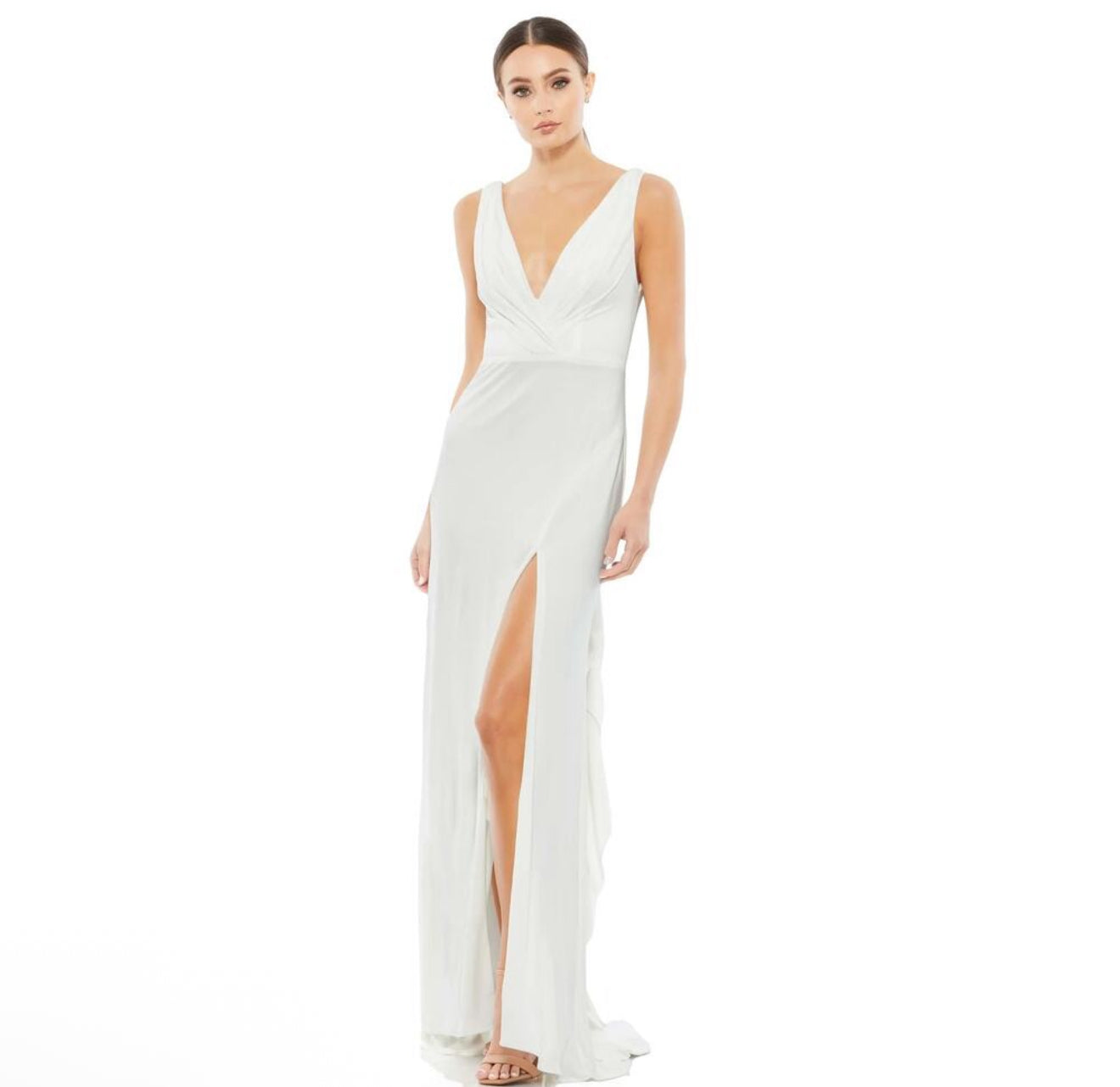 Mac Duggal 12336 Faux Wrap V-Neck Slit Jersey Gown White Sz 4 $298