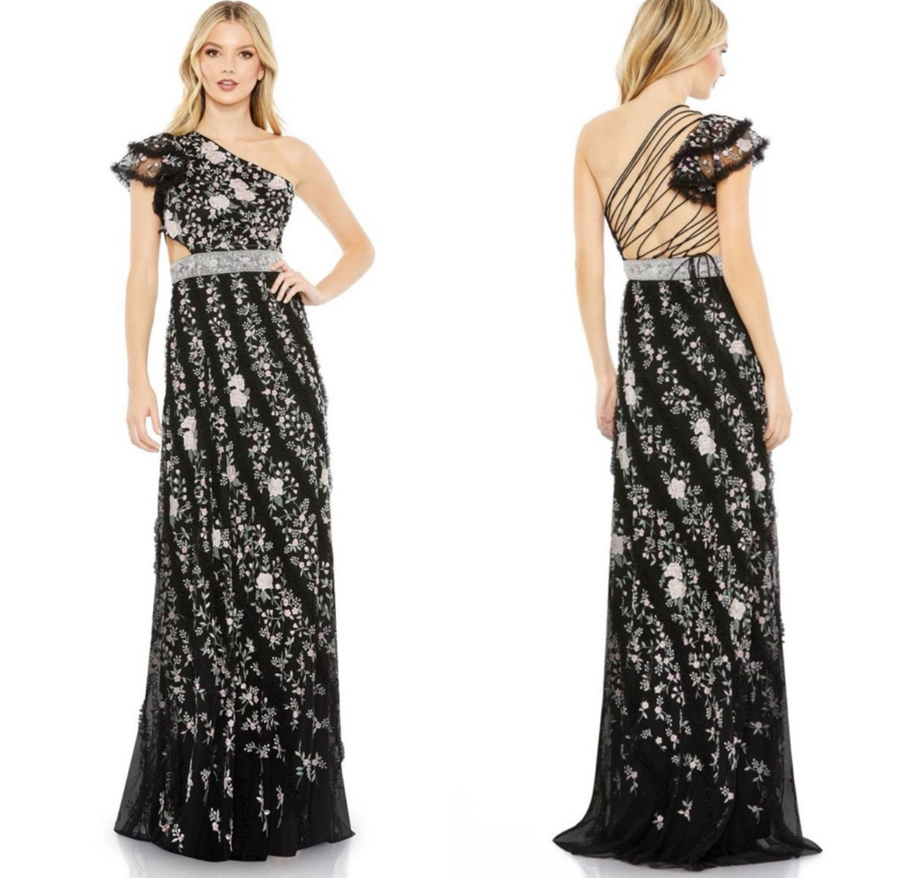 Mac Duggal 70160 Embroidered
Ruffled One Shoulder Lace Up
Gown Black Sz 14 $498