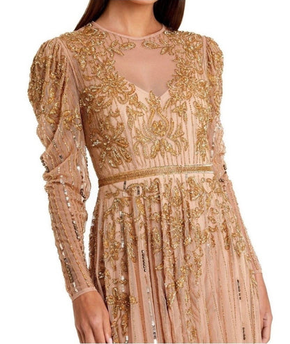 Mac Duggal 93638 Beaded Illusion
Puff Sleeve Gown Nude Gold Sz 8