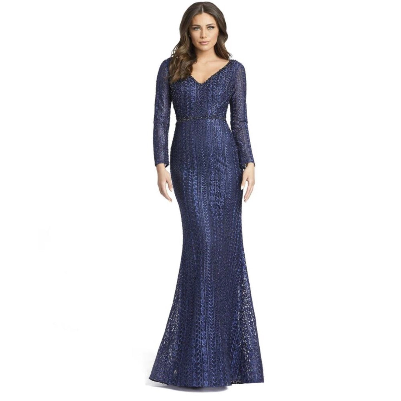 Mac Duggal Midnight Blue 20271 Long Sleeve Beaded Lace Trumpet Gown Sz 12 $598