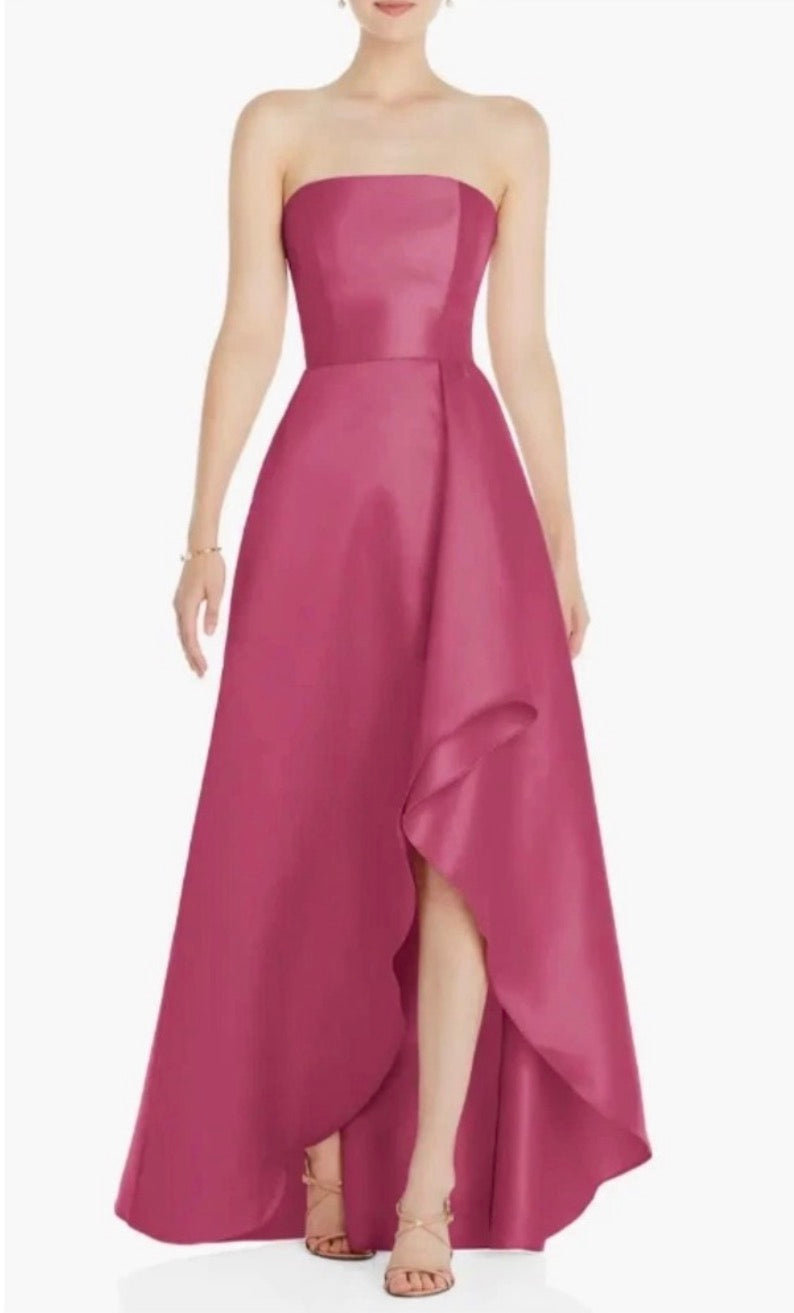 Alfred Sung Tea Rose Strapless Satin Gown High Low Formal Dress Size 14R D832 $252
