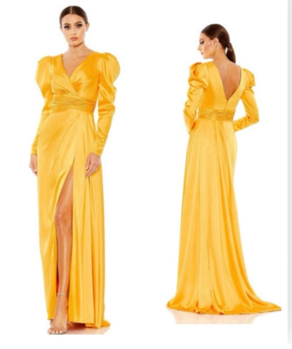 Mac Duggal 12404 V Neckline Long Puff Sleeves Maxi Column Gown Mango Sz 8 $398
