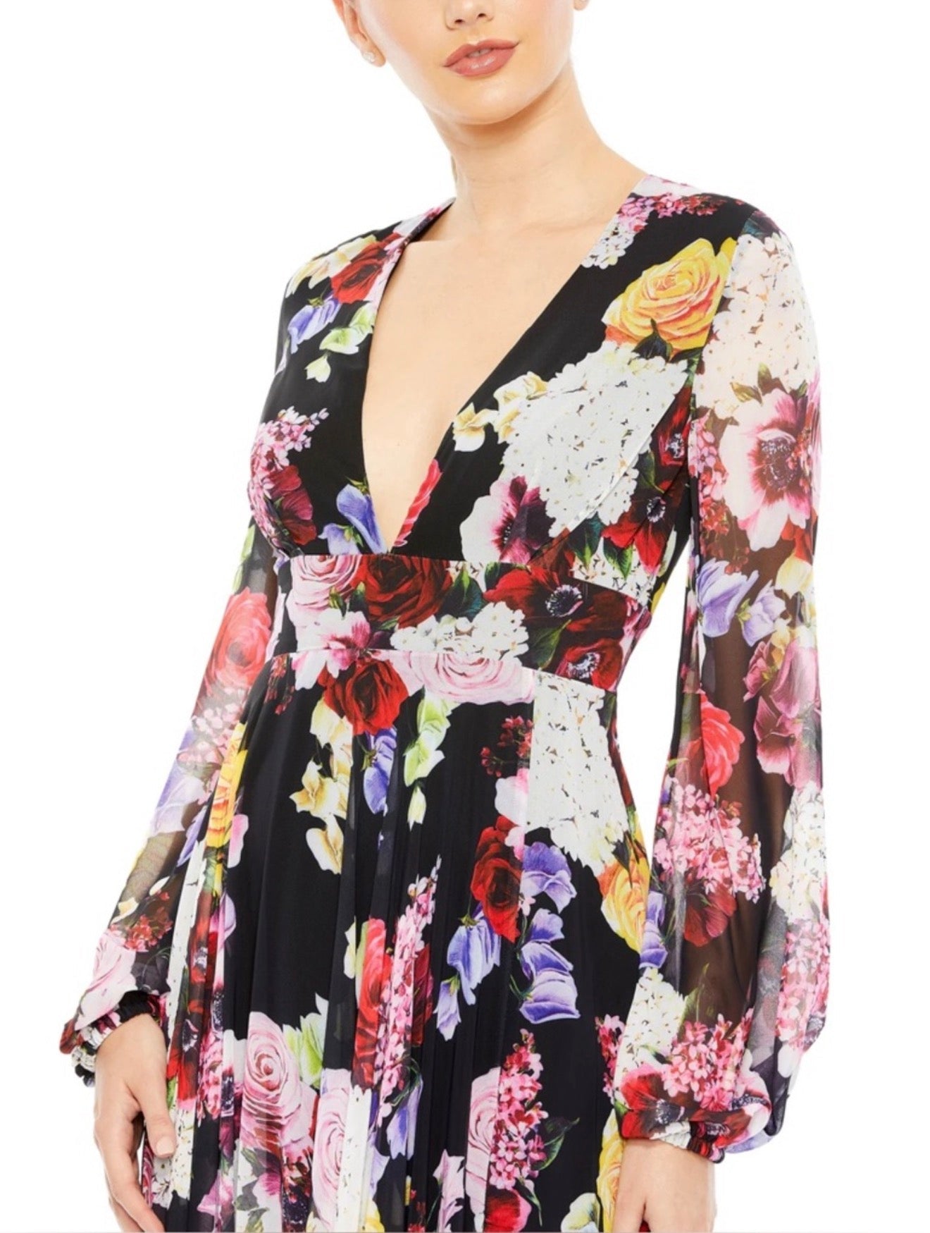 Mac Duggal 55660 Floral Flowy
Chiffon Side Slit Dress Black Multi Floral Size 4 $498