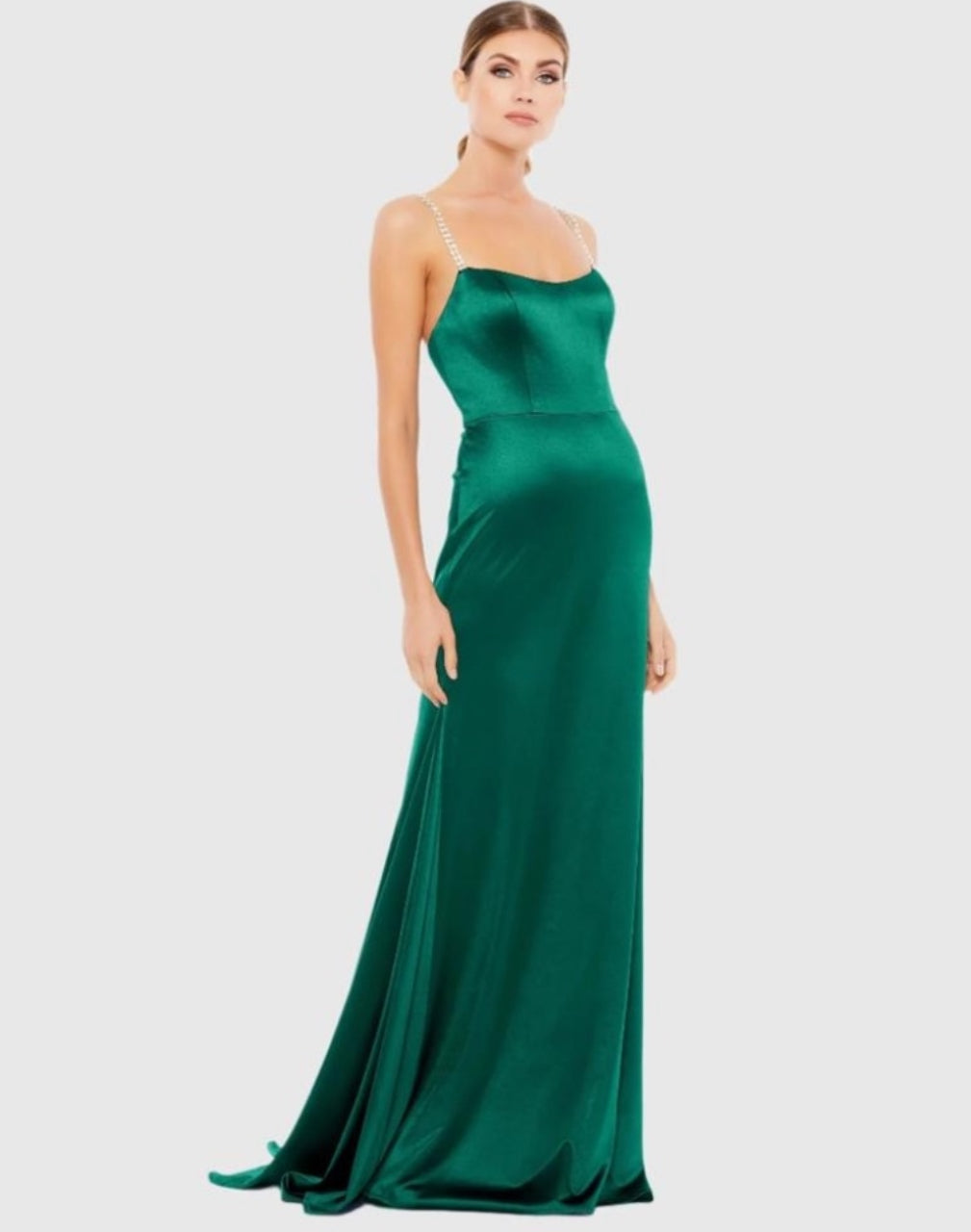 leena Mac Duggal 12428 Charmeuse Rhinestone Strap Trumpet Gown Emerald Sz 6 $398