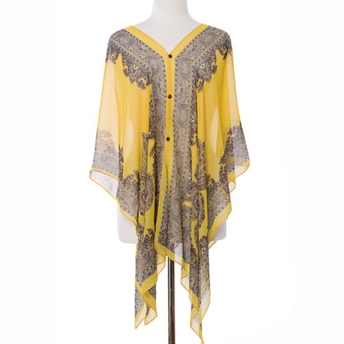 Button Detail Paisley Print V-Neck Poncho Cover Up Beachwear