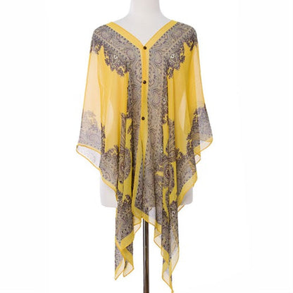 Button Detail Paisley Print V-Neck Poncho Cover Up Beachwear