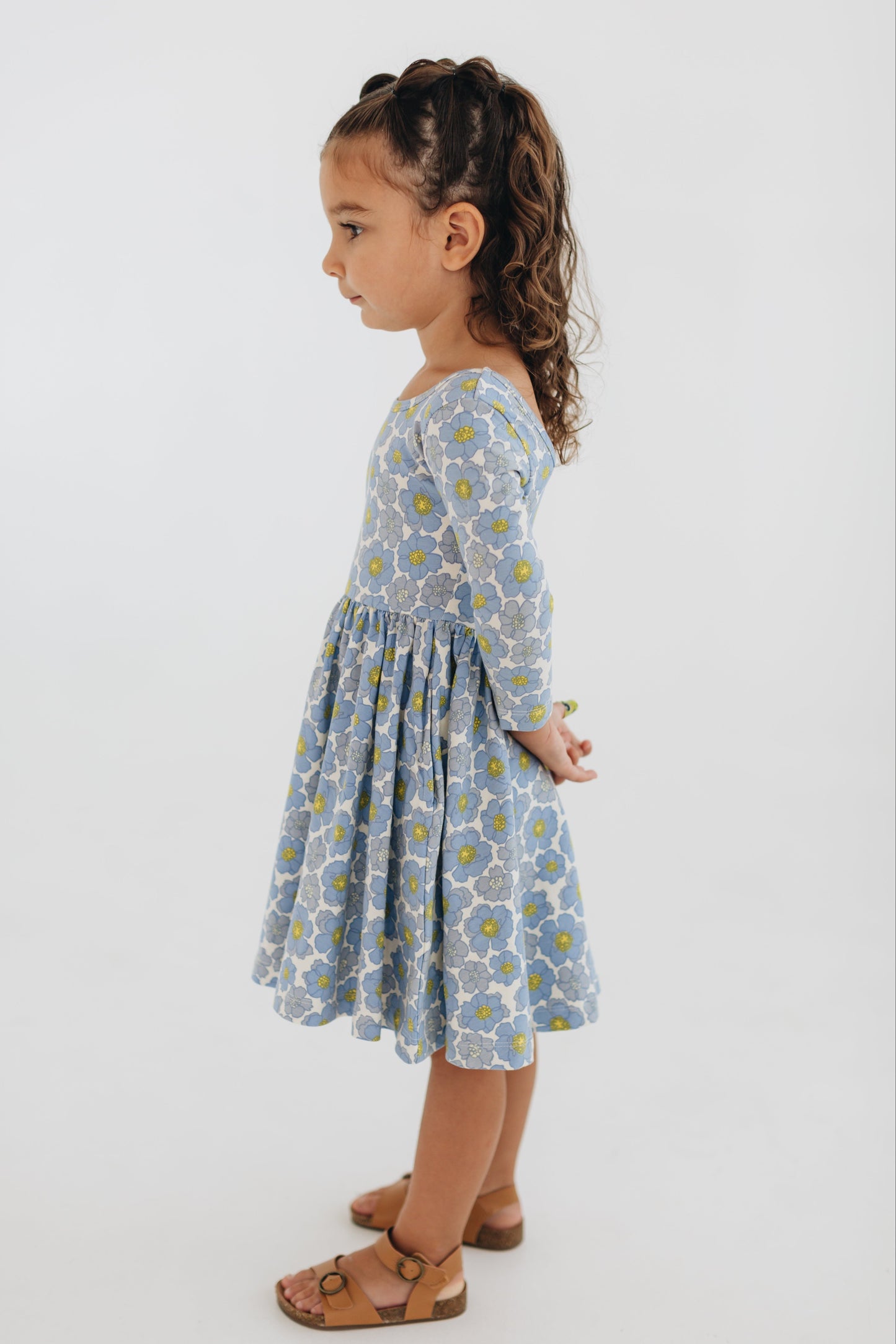 3/4 Sleeve Twirl Dress in Periwinkle Meadow