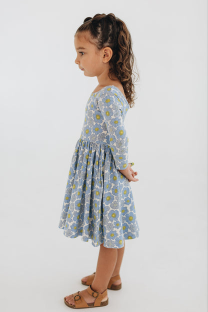 3/4 Sleeve Twirl Dress in Periwinkle Meadow