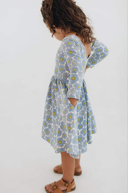 3/4 Sleeve Twirl Dress in Periwinkle Meadow
