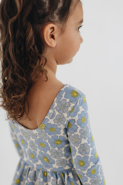 3/4 Sleeve Twirl Dress in Periwinkle Meadow