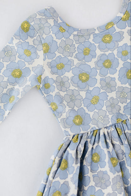 3/4 Sleeve Twirl Dress in Periwinkle Meadow