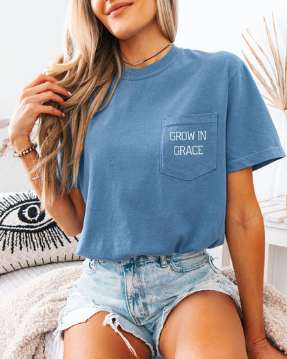 Grow In Grace Comfort Colors Pocket T-Shirt – Christian Pro-Life Faith Graphic Tee