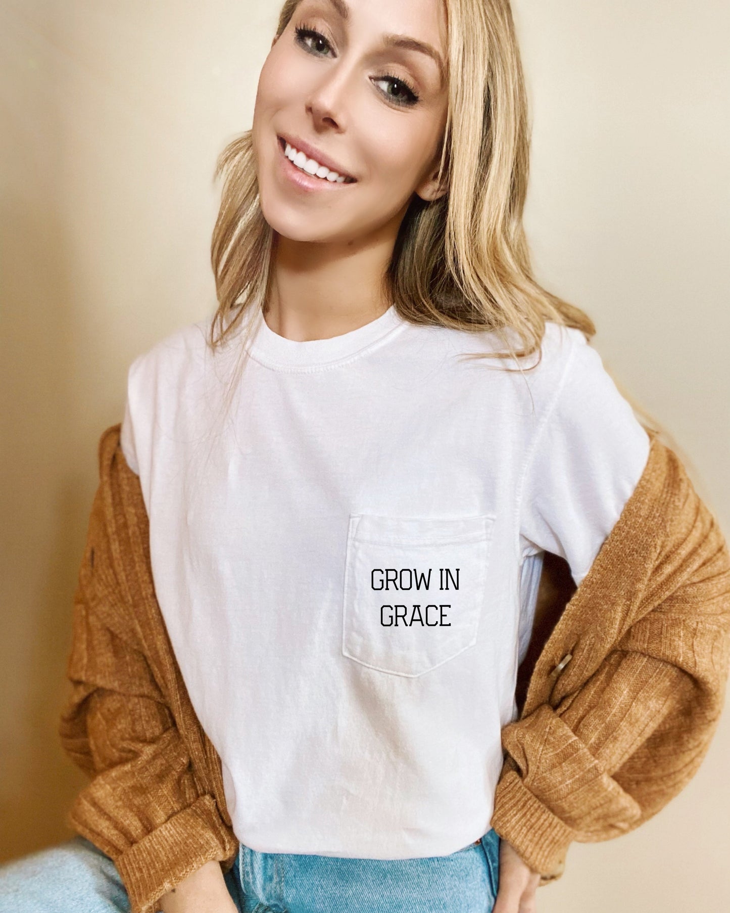 Grow In Grace Comfort Colors Pocket T-Shirt – Christian Pro-Life Faith Graphic Tee