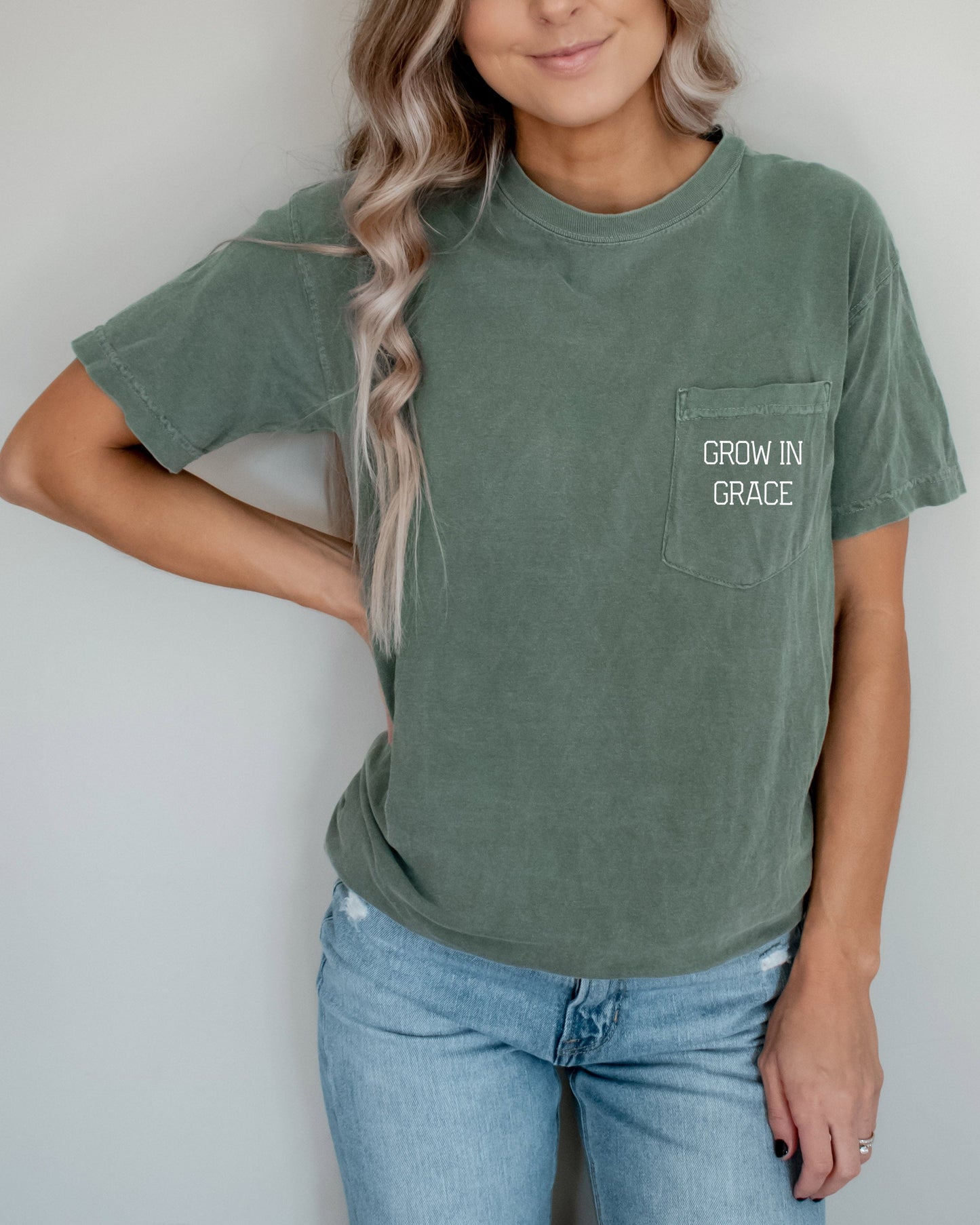 Grow In Grace Comfort Colors Pocket T-Shirt – Christian Pro-Life Faith Graphic Tee