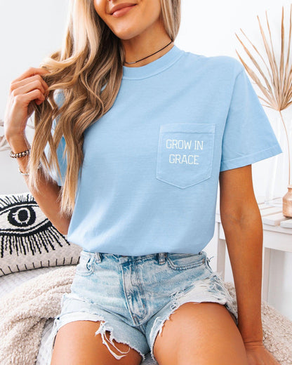 Grow In Grace Comfort Colors Pocket T-Shirt – Christian Pro-Life Faith Graphic Tee