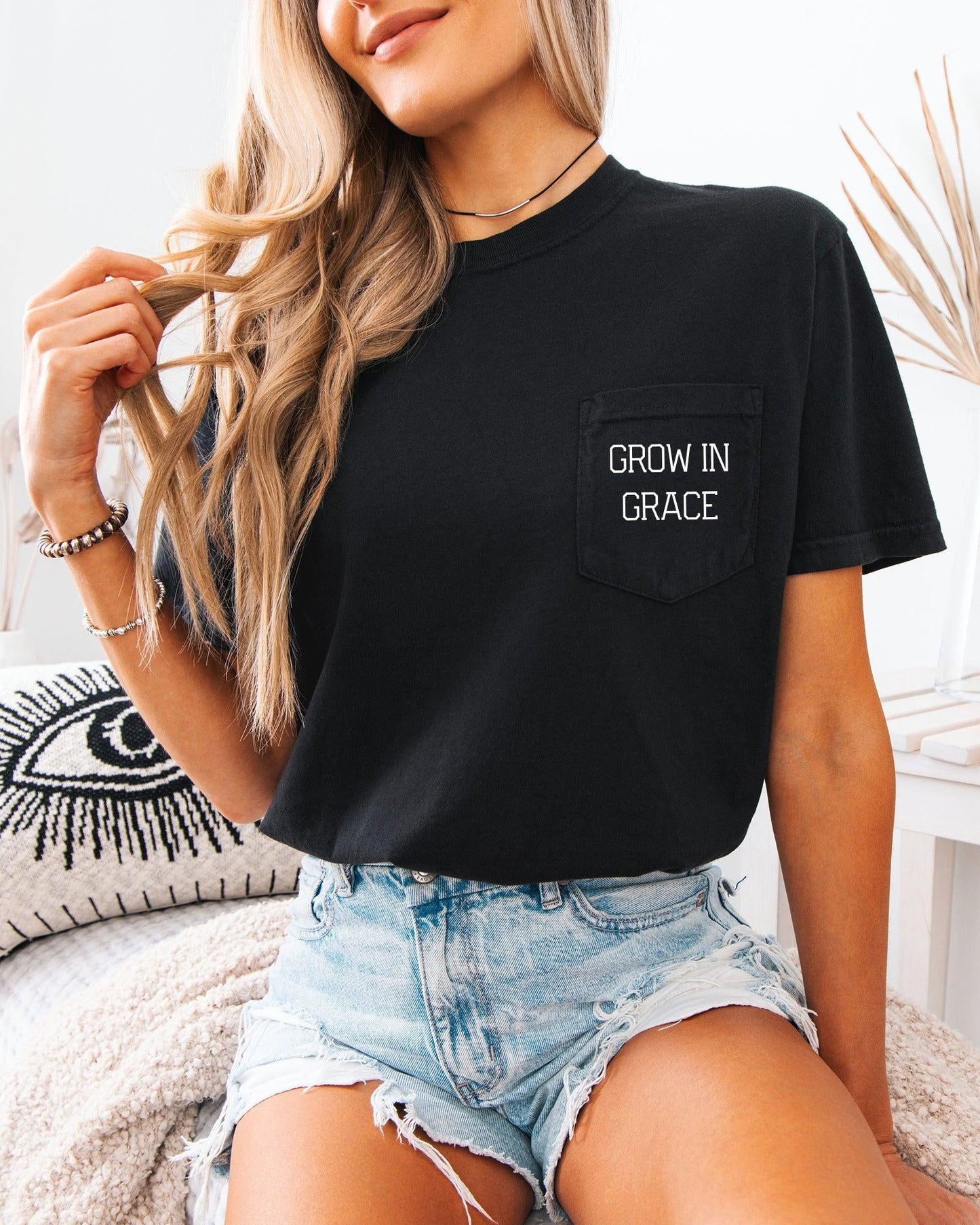 Grow In Grace Comfort Colors Pocket T-Shirt – Christian Pro-Life Faith Graphic Tee