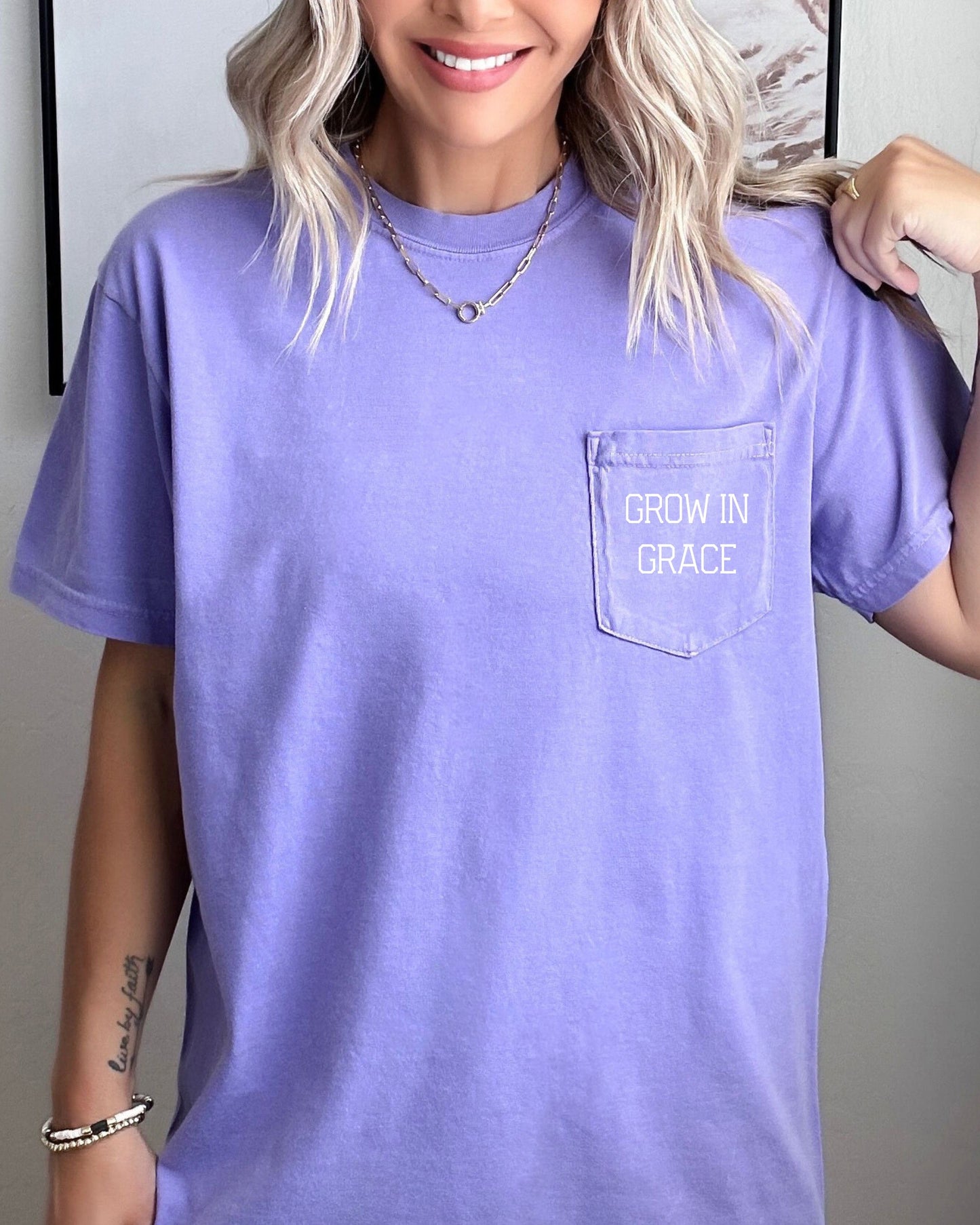 Grow In Grace Comfort Colors Pocket T-Shirt – Christian Pro-Life Faith Graphic Tee