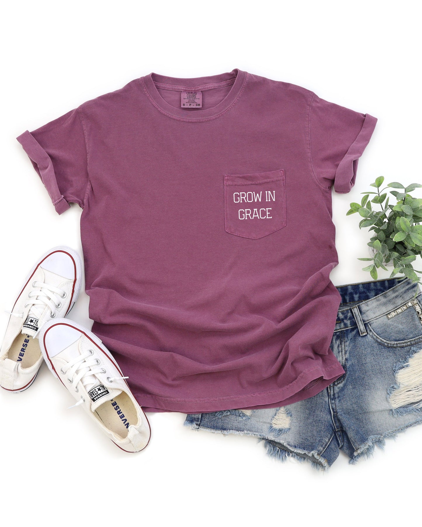 Grow In Grace Comfort Colors Pocket T-Shirt – Christian Pro-Life Faith Graphic Tee