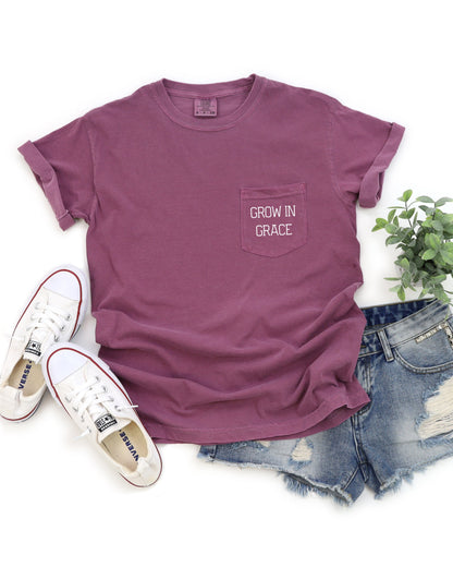 Grow In Grace Comfort Colors Pocket T-Shirt – Christian Pro-Life Faith Graphic Tee