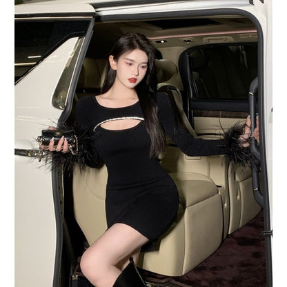 Black Party Dress With Ostrich Feather. You Will Look Stunning Women's